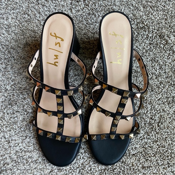 French Sole Black Rock Stud Block Heeled Sandals - Picture 1 of 6